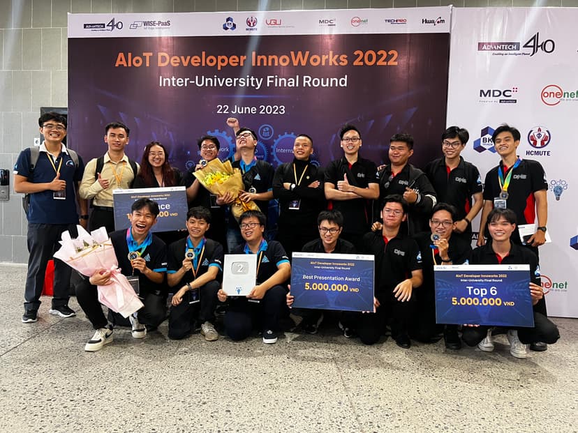 Top 3 đội đại diện Trường Đại học Bách khoa - ĐHQG TP.HCM tham dự vòng chung kết liên trường cuộc thi AIoT Developer InnoWorks 2022.